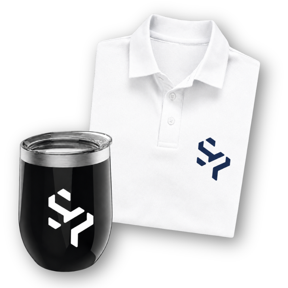 Branded blue polo shirt and black insulated tumbler with custom logo